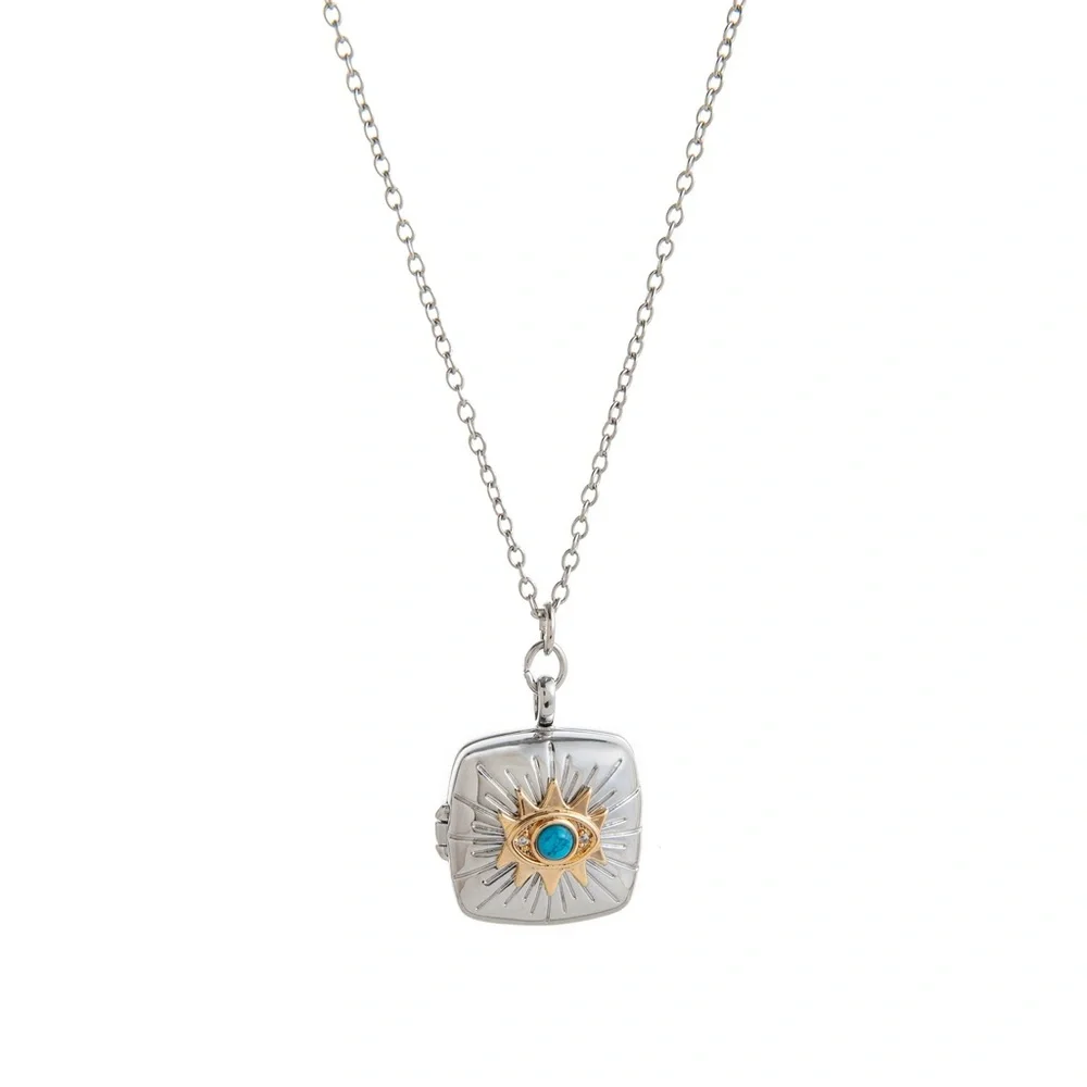 Silver Sunburst Locket Necklace with Turquoise Accent